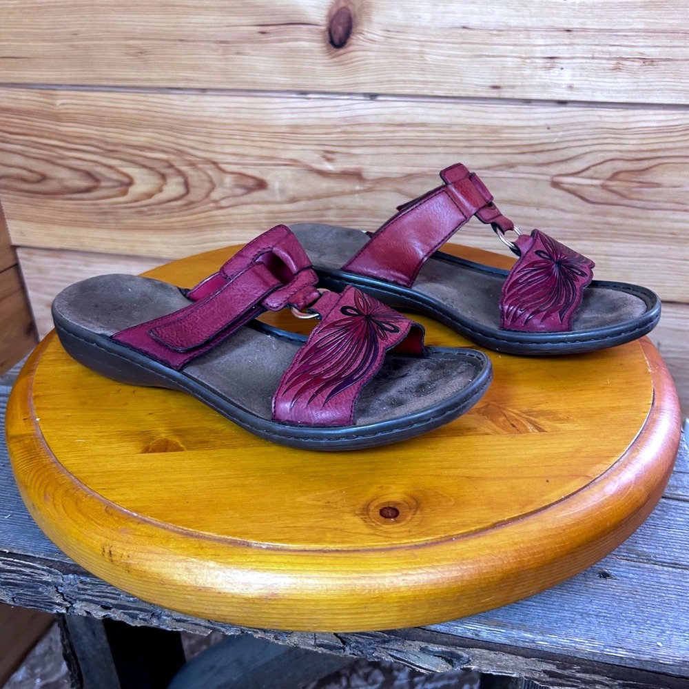 Rieker Antistress Burgundy Leather Floral Embossed Slide Sandals Womens 39